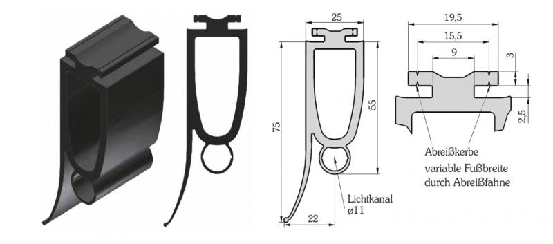 WTS -Gummiprofil für Opto-Sensoren, mit Dichtlippe, für Industrietore / Sektionaltore, mit T-Nut 19,5/15,5mm