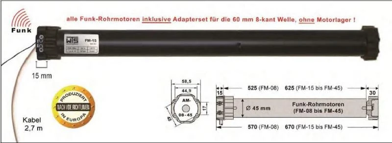WTS Funk Rohrmotor Serie FM mit integriertem Empfänger(868MHz) FM-08 bis FM-45