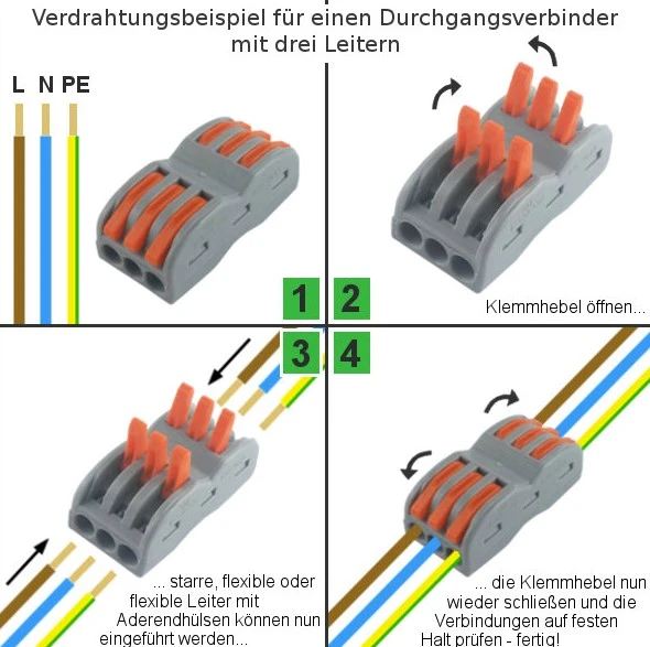 Durchgangsverbinder Serie KLD, 2 Leiter mit 4 Betätigungshebeln/Klemmhebeln