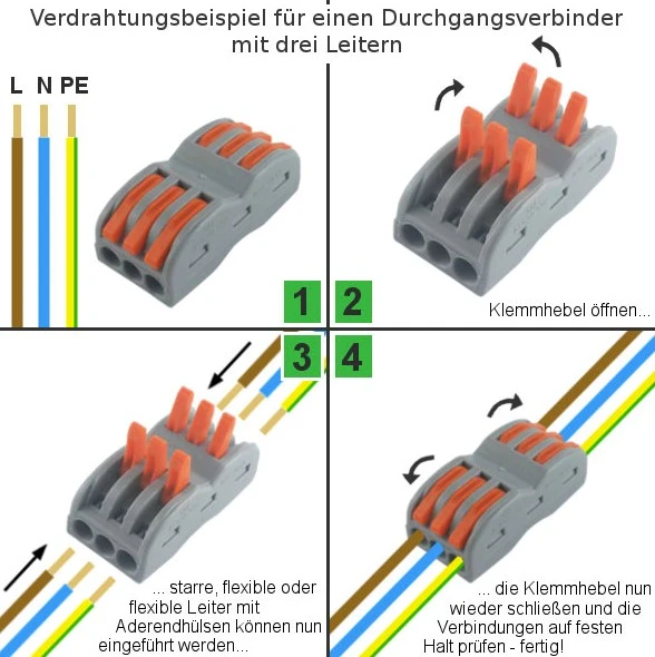 Durchgangsverbinder Serie KLD, 5 Leiter mit 10 Betätigungshebeln/Klemmhebeln