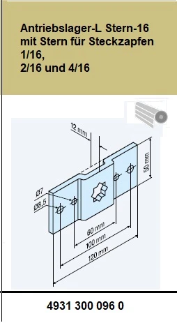 Antriebslager-L Stern-16 mit Stern für Steckzapfen 1/16, 2/16 und 4/16  für Becker Rohrantriebe R und L Serie