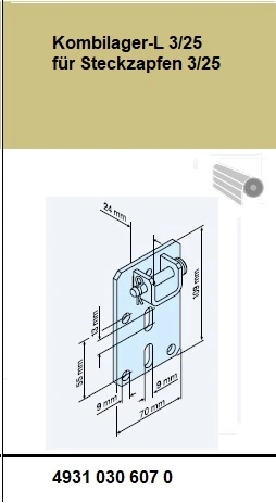 Kombilager-L 3/25 für Steckzapfen 3/25 -  für Rundzapfen Durchmesser 25mm