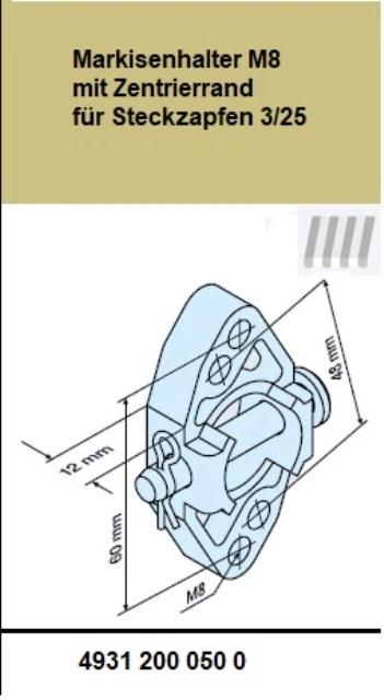 Markisenhalter M8 mit Zentrierrand für Steckzapfen 3/25 für Becker Rohrantriebe L44 – L80 bis 80Nm