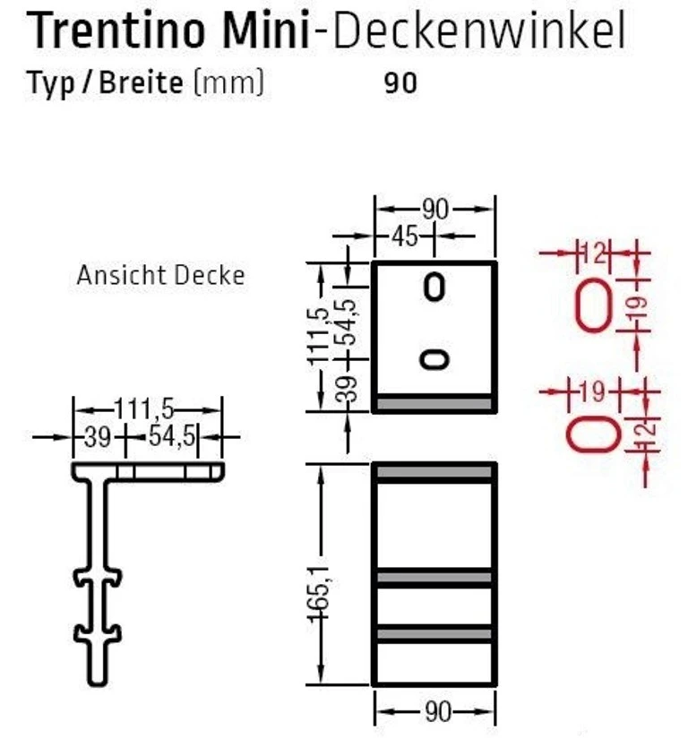 Deckenwinkel für Lewens Trentino Mini  Gelenkarmmarkise für Deckenmontage, 90mm und 180m Breite