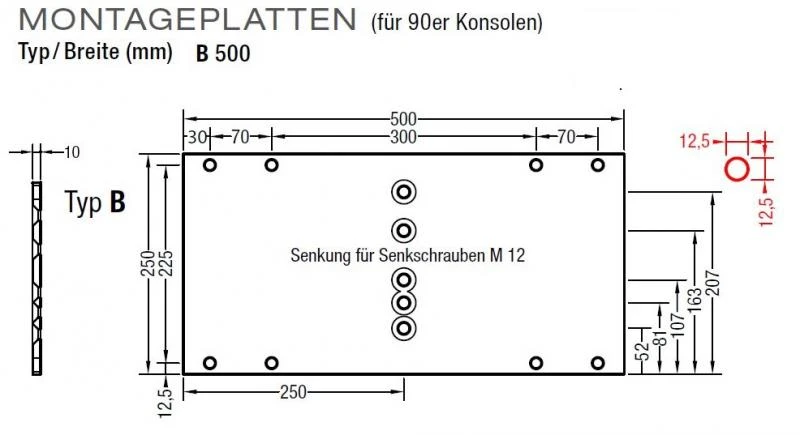 Montageplatten A 300mm und B 500mm für Lewens Markisen für 90er Konsolen