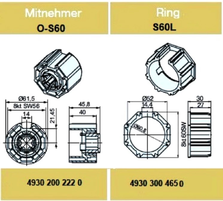 Adapterset für Achtkantwelle O-S60 , für Hinderniserkennung  für Becker Rohrmotoren P und R Serie