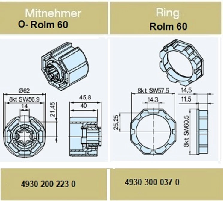 Adapterset für Achtkatwelle O-Rolm 60 für Rohrmotoren Becker Baureihe P und R Serie mit Hinderniserkennung