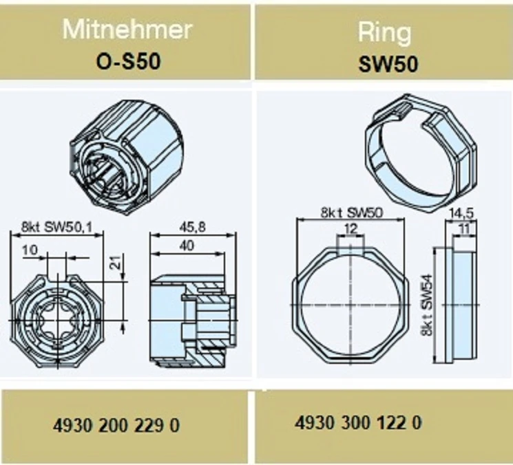 Adapterset für Achtkatwelle O-S50 ,für Rohrmotoren Becker Baureihe P und R Serie  mit Hinderniserkennung