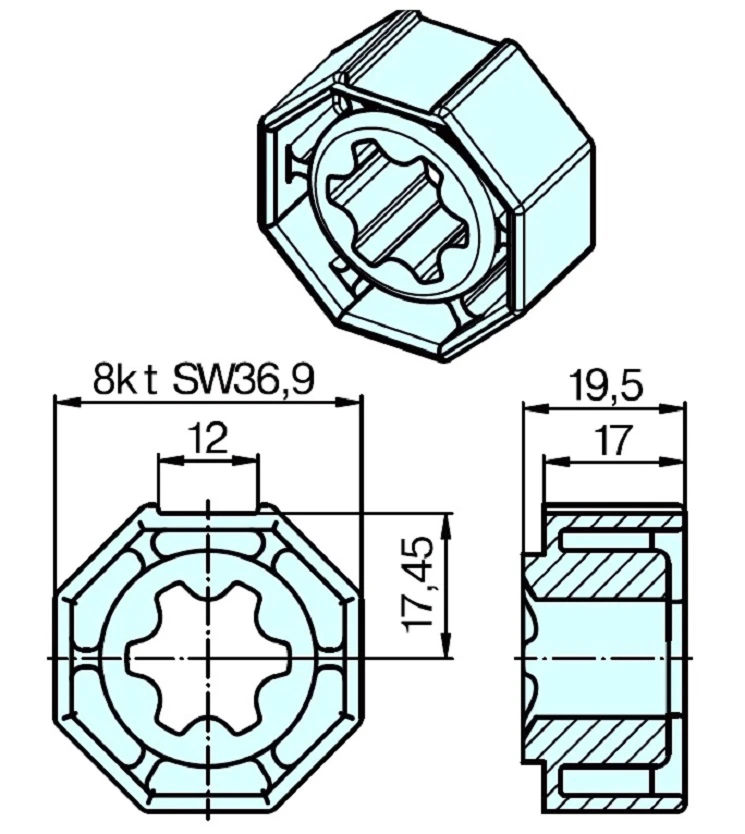 Adapterset für Achtkatwelle S40VM ,für Becker Rohrmotoren der Baureihe P Serie