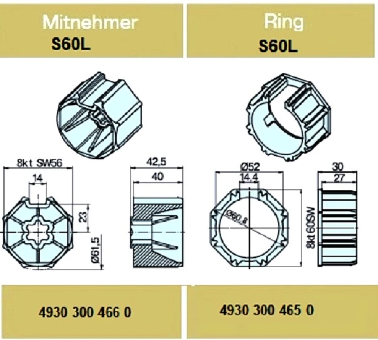 Adapterset für Achtkatwelle S60L ,für Rohrmotoren Becker Baureihe R Serie