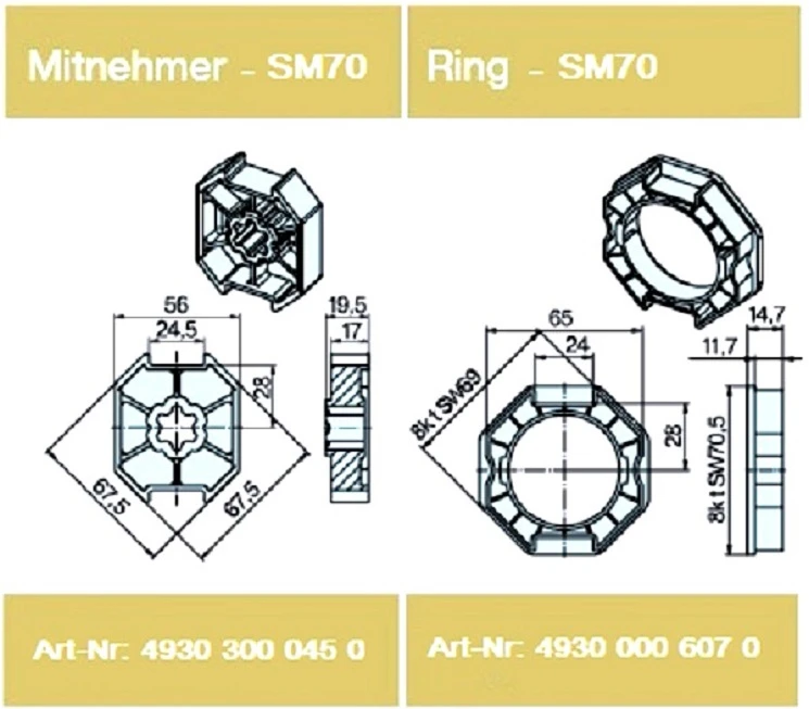 Adapterset für Achtkatwelle SM70 ,für Rohrmotoren Becker Baureihe R  Serie