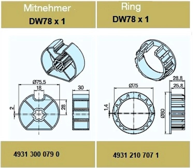 Adapterset für Nutwelle DW78x 1 , für Rohrmotore Becker Baureihe L