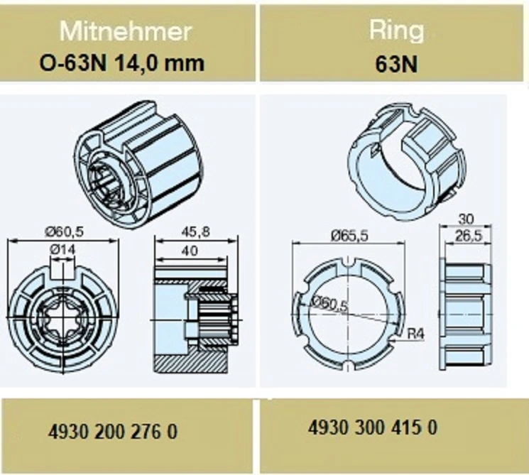 Adapterset für Nutwelle O-63N 14,0mm ,für Rohrmotoren Becker Baureihe P und R Serie mit Hinderniserkennung