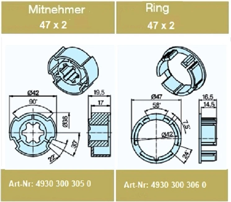 Adapterset für Profilwelle ZF47x2 für Rohrmotoren Becker Baureihe P Serie