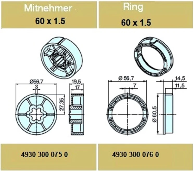 Adapterset für Rundrohr 60 x 1.5 , für Rohrmotoren Becker Baureihe P und R Serie