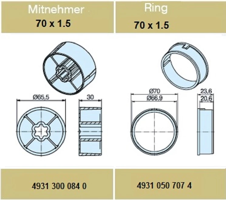 Adapterset für Rundrohr 70 x 1.5 ,für Rohrmotoren Becker Baureihe L Serie 