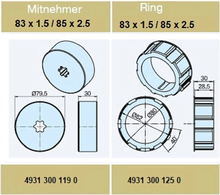 Adapterset für Rundrohr 83 x 1.5 / 85 x 2.5 , für Rohrmotoren Becker Baureihe L Serie 