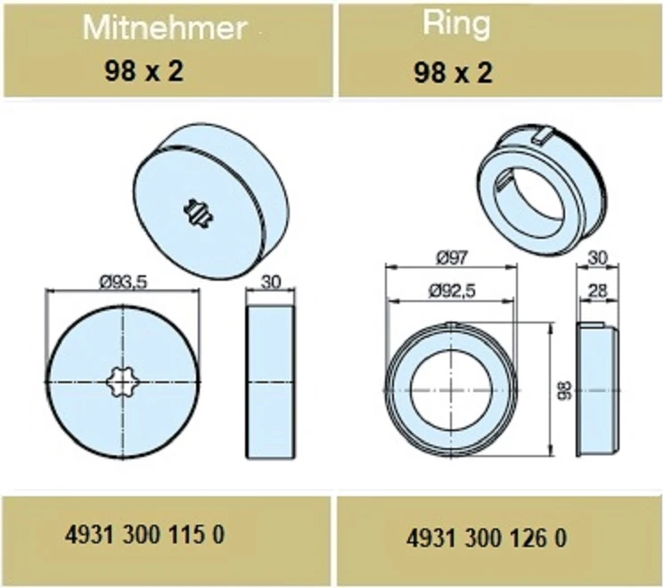 Adapterset für Rundrohr 98 x 2 ,  für Rohrmotore Becker Baureihe L Serie 