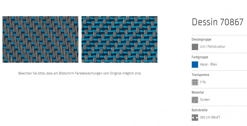 Markisentuch Screen-Gewebe, Aqua - Blau, Transparenz 3 Prozent, Stoff-Nr. 70867