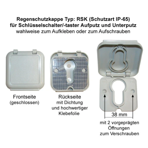 Regenschutzkappe IP-65, für AP + UP Schlüsselschalter/-taster, mit Profilhalbzylinder, mit rückseitiger Dichtung