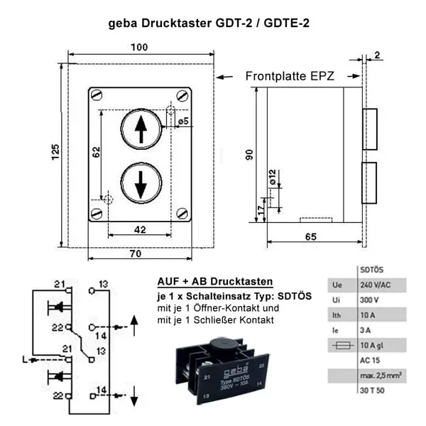 WTS - Zweifach-Drucktaster aus Metall Aufputz mit AUF + ZU Taste vorverdrahtet und wassergeschützt IP 65